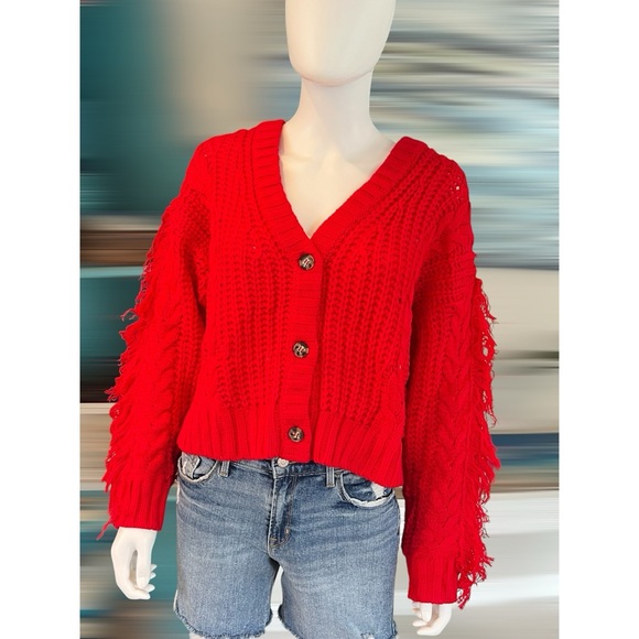 DAY & MOON Red knit fringe sleeve cardigan S M L - Picture 5 of 7